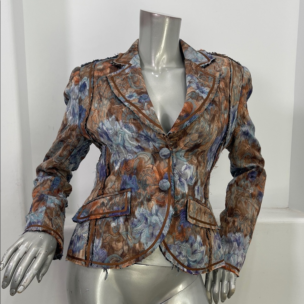 Vintage Max Nugus Haute Couture Women's Jacquard Floral Blazer Raw Trim